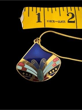 Gold-Tone Enamel Butterfly Pendant Necklace in Blue and Turquoise pre-owned